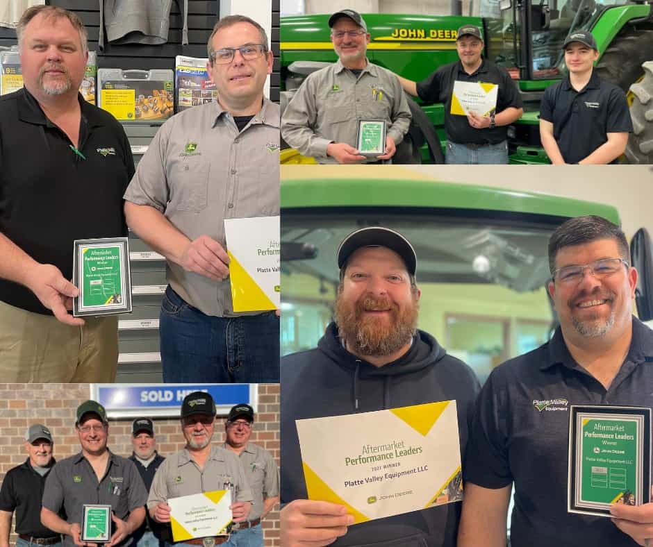 Platte Valley Equipment Aftermarket Leaders Award winners with award plaques and certificates