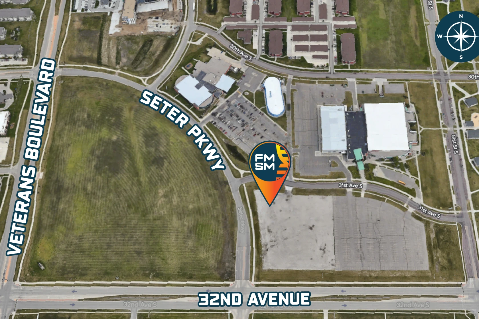 map location of the Fargo-Moorhead Science Museum located at the intersection of Seter Parkway and 31st Ave S in Fargo, ND
