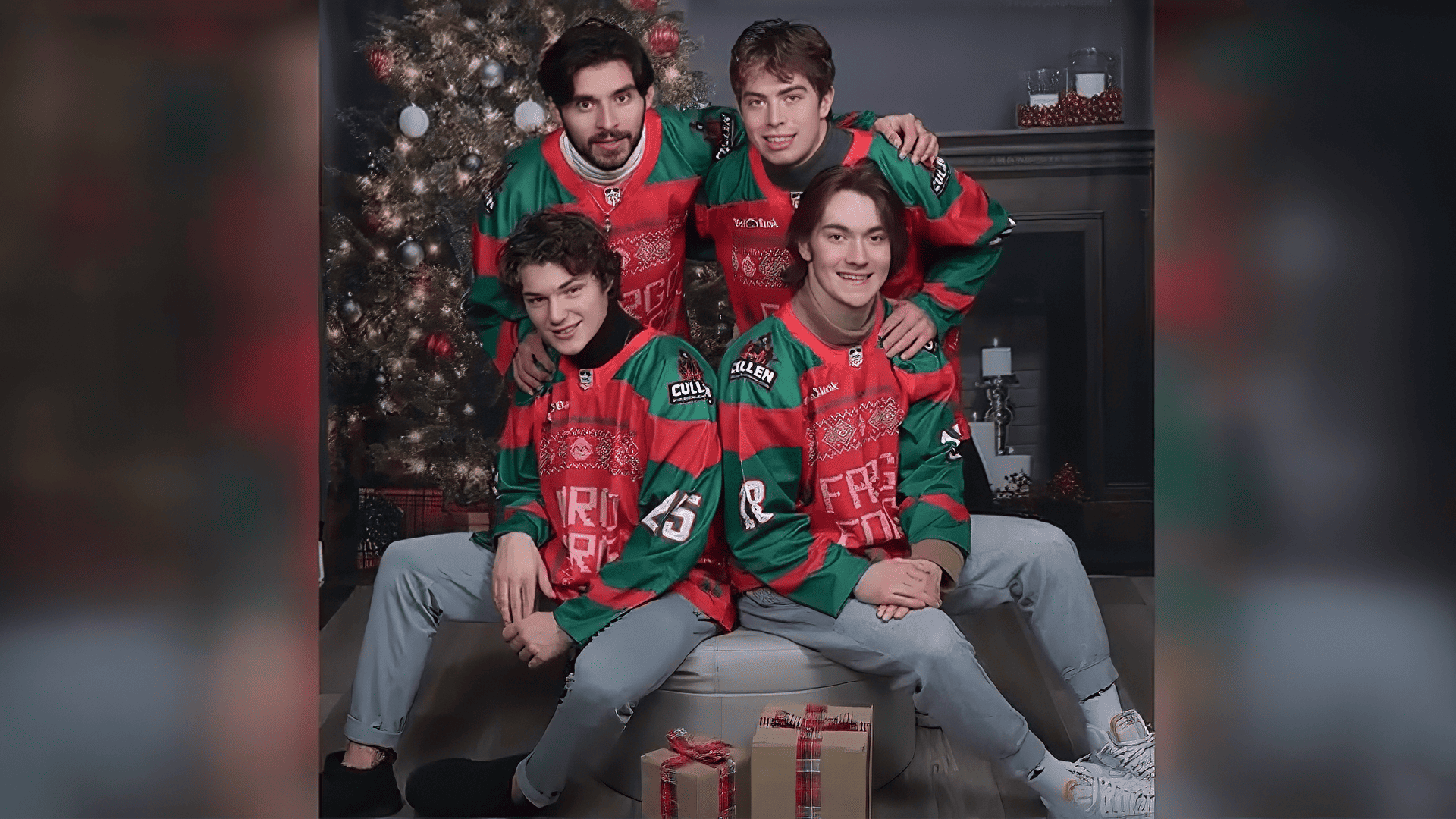 Fargo Force posing in front of Christmas tree wearing Christmas sweater-themed jerseys