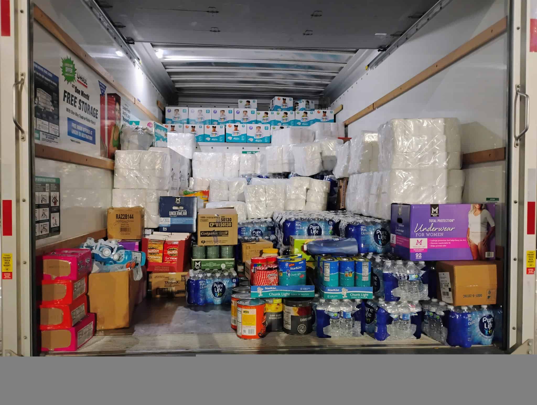 truck trailer filled with hurricane supplies (paper goods and personal care goods)