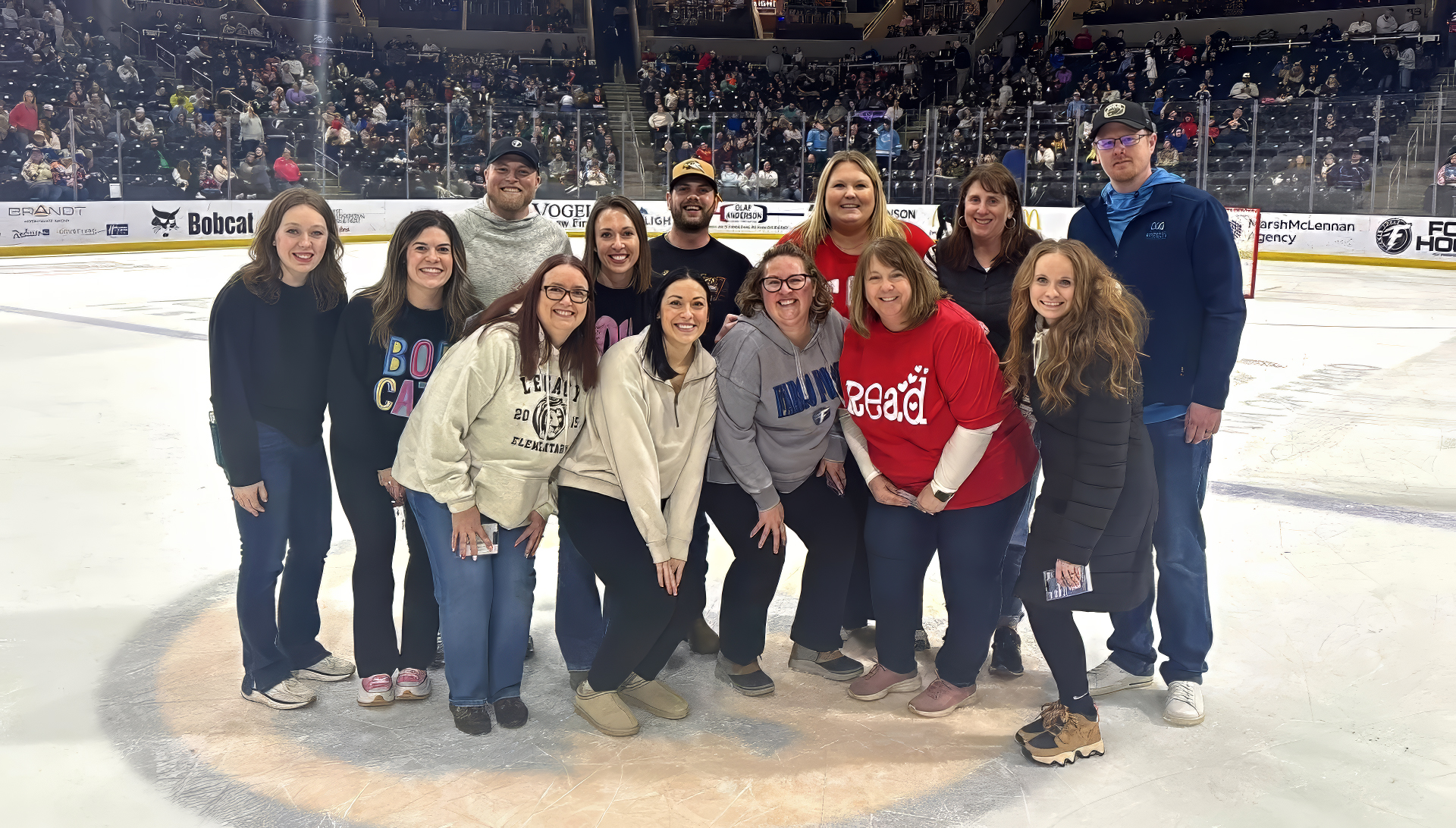 Teachers on the Fargo Force/Scheels Area ice at Teacher Appreciation Night